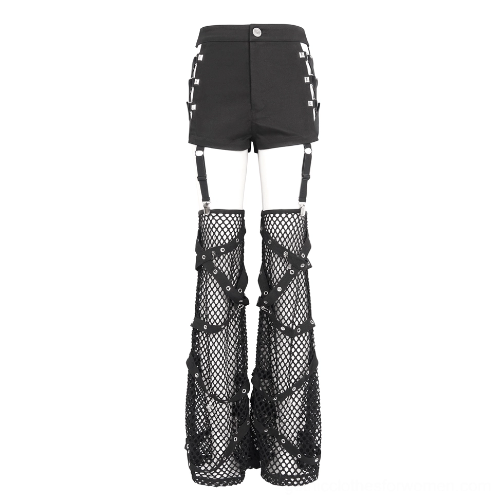 Black mesh garter shorts flat lay front view showing studded D-ring hardware and detachable sleeves