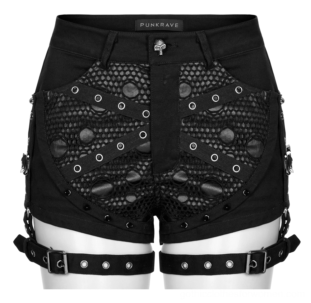 Black mesh garter shorts front view - flat lay detail shot showing metal eyelets and stud accents