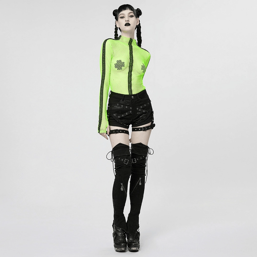 Black mesh garter shorts detail view - industrial goth styling with spike studs, metal hardware, and fishnet design