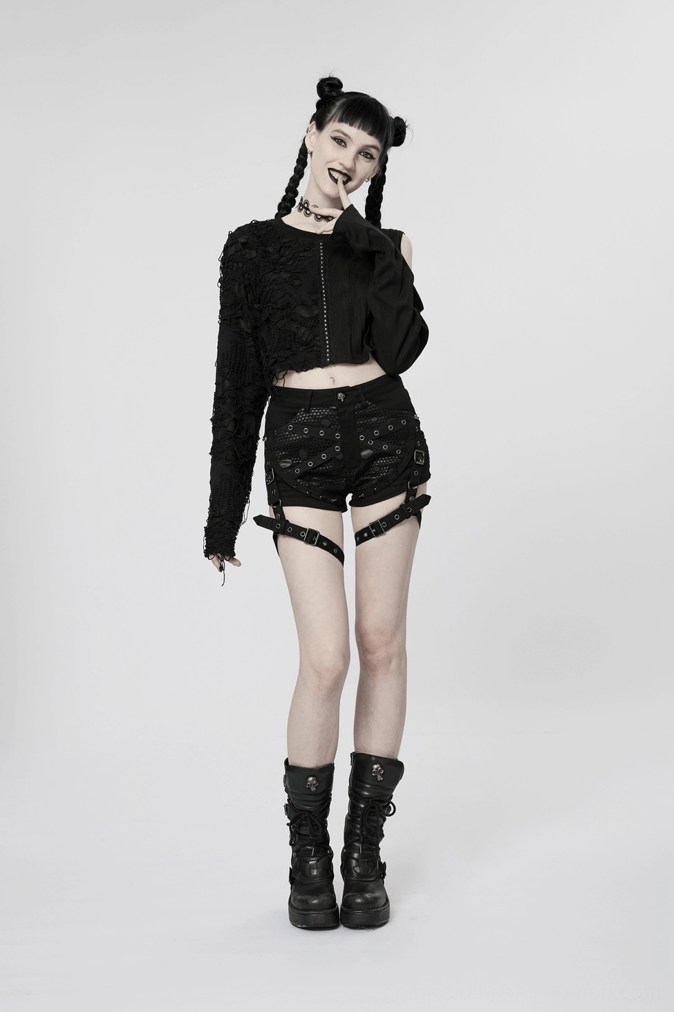 Black mesh garter shorts main image - deconstructed gothic shorts with adjustable thigh straps and metal accents