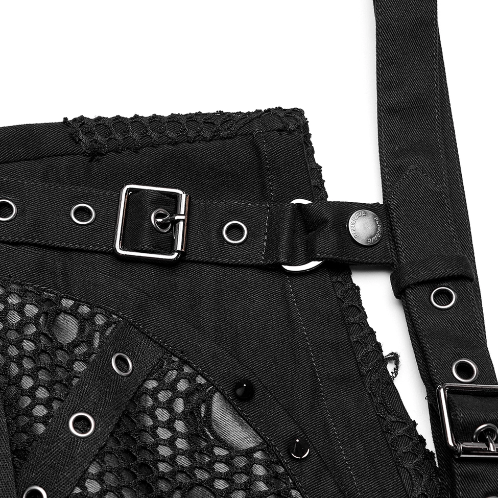 Black mesh garter shorts fastener details - macro shot of square metal buckles and eyelet holes in textured woven fabric