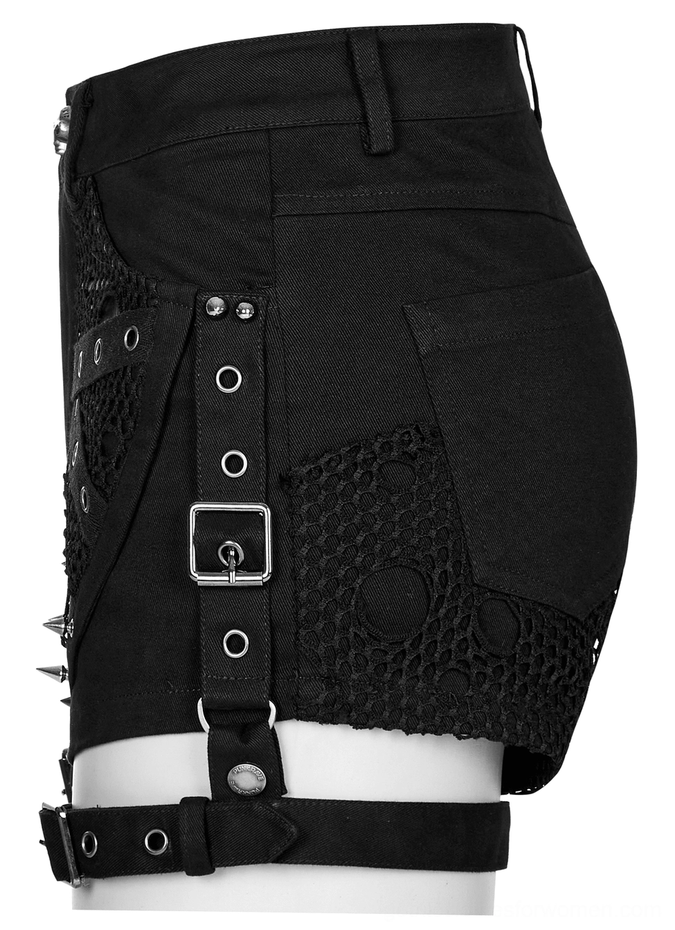 Black mesh garter shorts side view - flat lay showing adjustable buckle straps and fishnet side panels with metal hardware