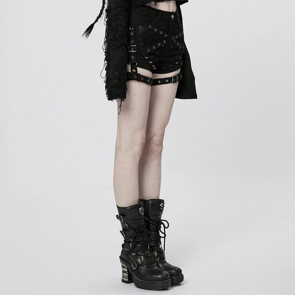 Black mesh garter shorts on model - gothic alternative fashion styling with punk aesthetic and dark rebel look