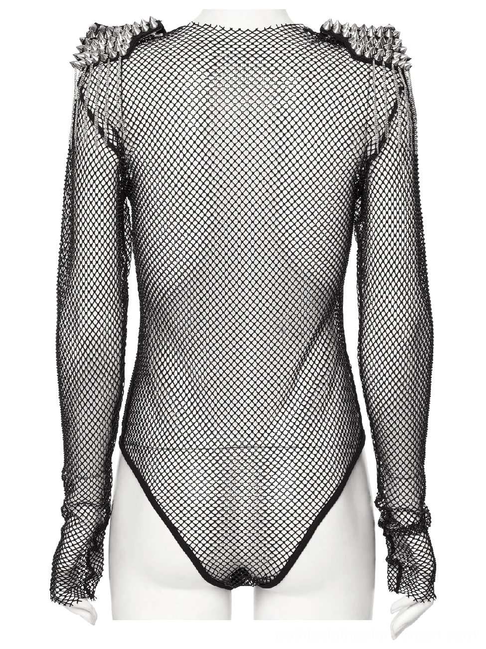 Black mesh gothic bodysuit back view on mannequin, showing high-cut hemline, sheer mesh coverage, and back silhouette