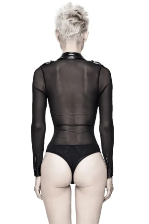 Black sheer mesh punk gothic bodysuit back view, featuring transparent back panels and high collar detail