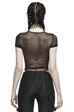 Black sheer mesh gothic bodysuit back view, transparent mesh panels, paired with cargo pants for alternative styling