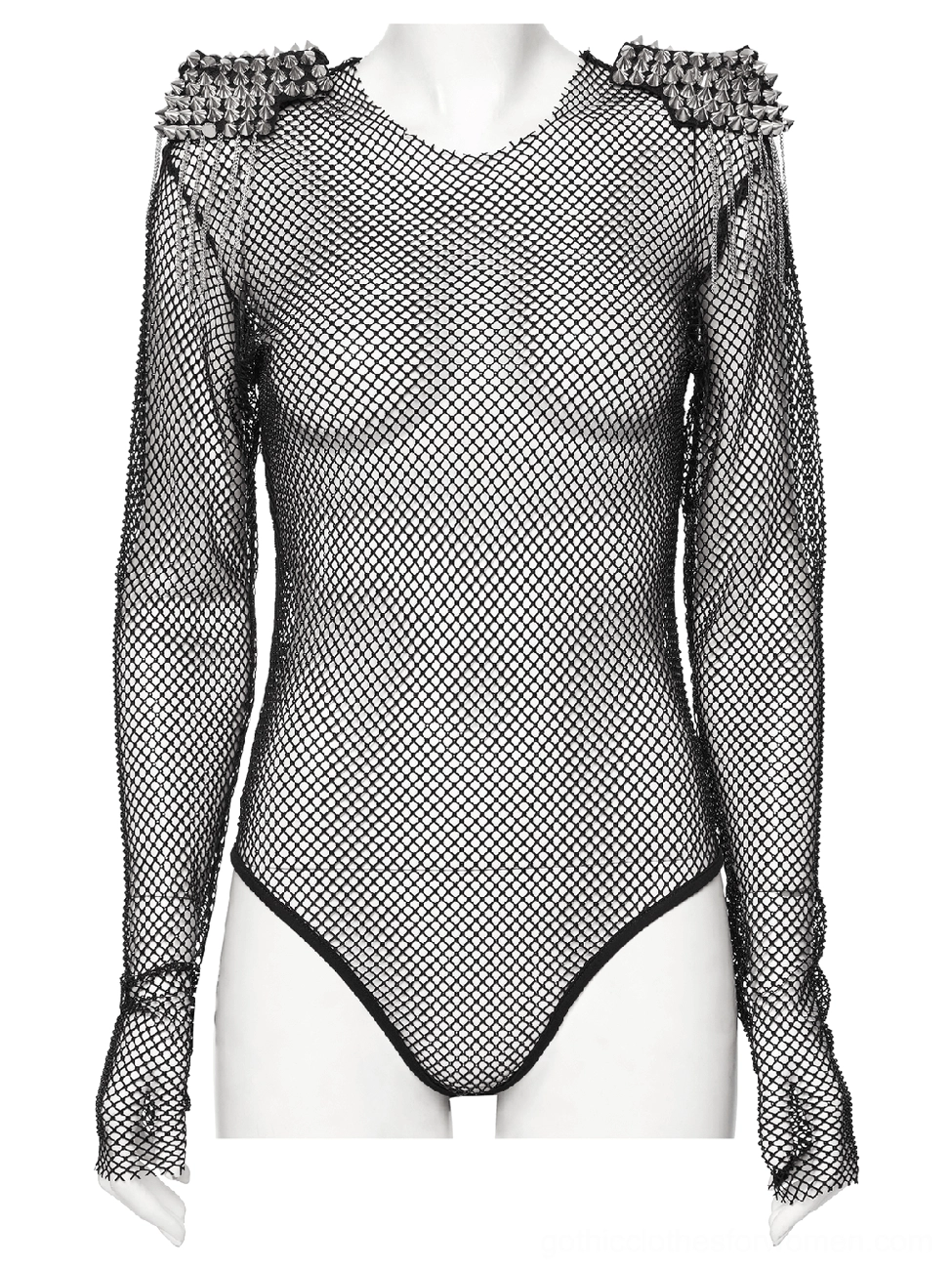 Black mesh gothic bodysuit on mannequin, front view detail of crew neck, fitted torso, and transparent diamond mesh fabric construction