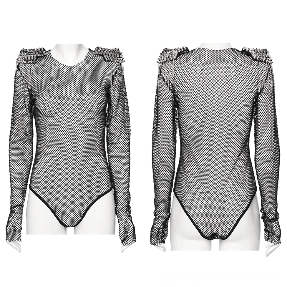 Black mesh gothic bodysuit front and back dual view on mannequin, showing long sheer sleeves, crew neck, and high-cut hemline design
