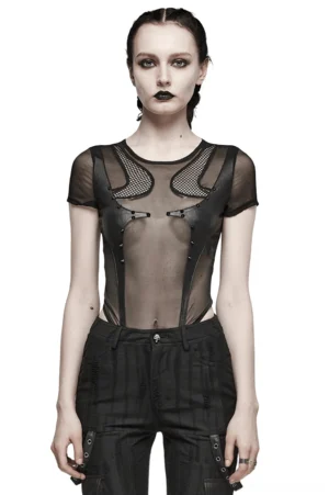 Black mesh gothic bodysuit with fishnet chest inserts, front view worn by model, crew neckline and snap closures