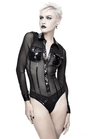 Black mesh gothic bodysuit with patent leather trim worn by model, front three-quarter view showing sheer long sleeves and structured collar