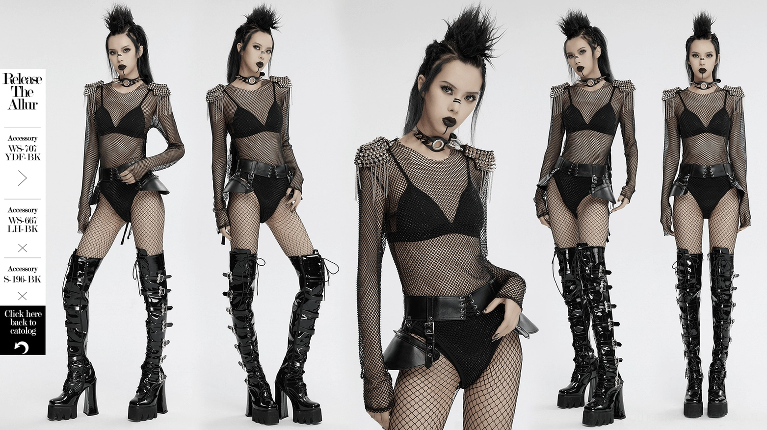 Black mesh gothic jumpsuit size chart and measurement guide, displaying XS-M and L-XXL dimensions in centimeters and inches