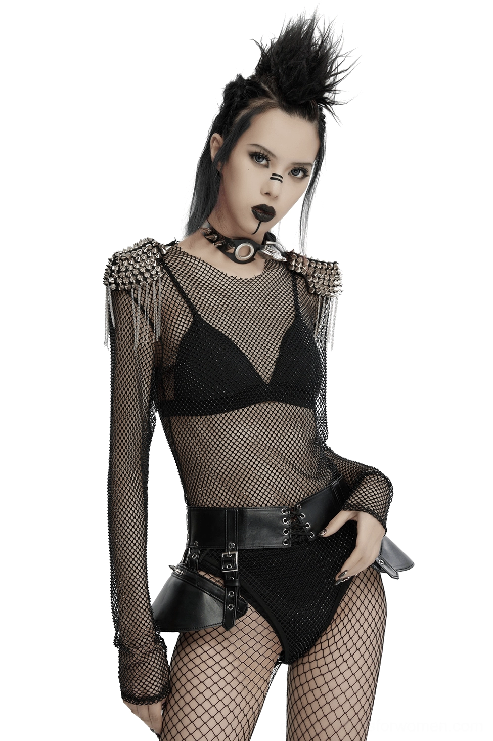 Black mesh gothic bodysuit with detachable spiked shoulder harness, three-quarter front view showcasing diamond fishnet weave and metal studs