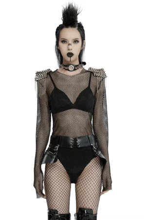 Black mesh cyberpunk bodysuit worn with leather belt and mesh tights, full-length front pose demonstrating fitted silhouette and style versatility