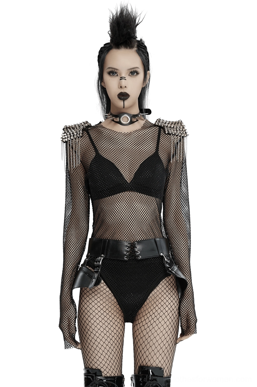 Black mesh cyberpunk bodysuit worn with leather belt and mesh tights, full-length front pose demonstrating fitted silhouette and style versatility