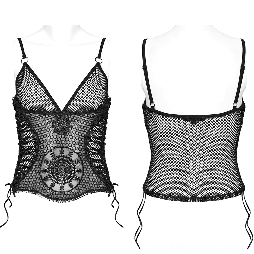 Black mesh gothic camisole dual mannequin display front and back, showing sunflower embroidery, side lace-up ties, and fitted silhouette