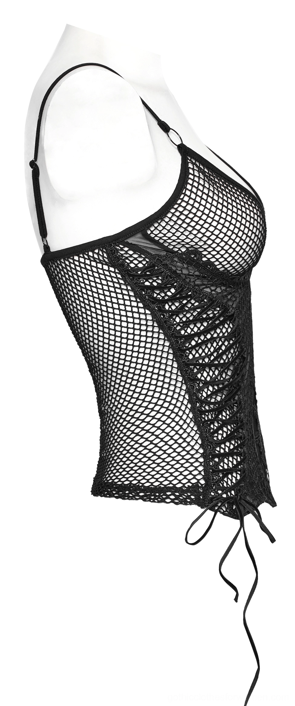 Black mesh camisole side profile mannequin display showing lace-up side panel, fitted silhouette, and sunflower embroidery placement