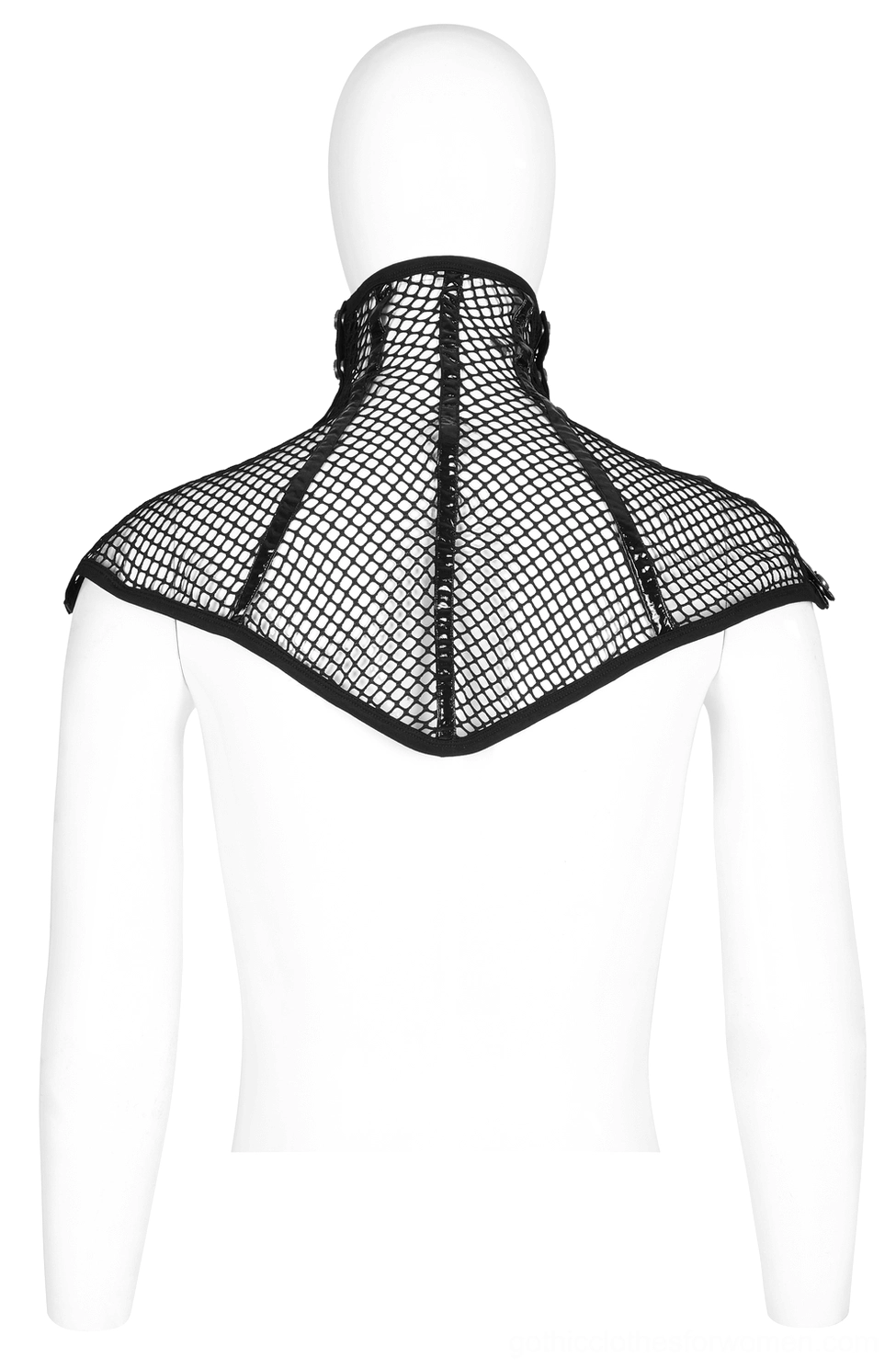 Black mesh gothic choker collar back view on mannequin showing mesh shoulder yoke fitted neckline and architectural construction