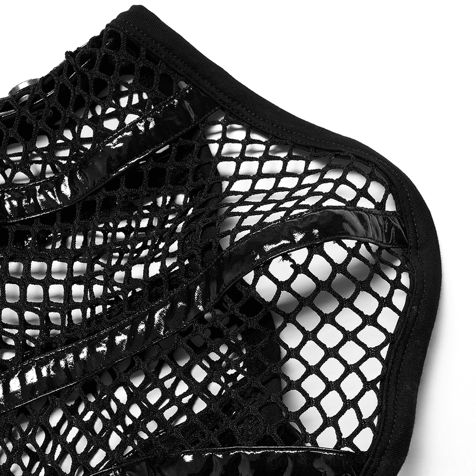 Close-up detail of black mesh gothic choker collar edge showing glossy patent leather trim and mesh construction