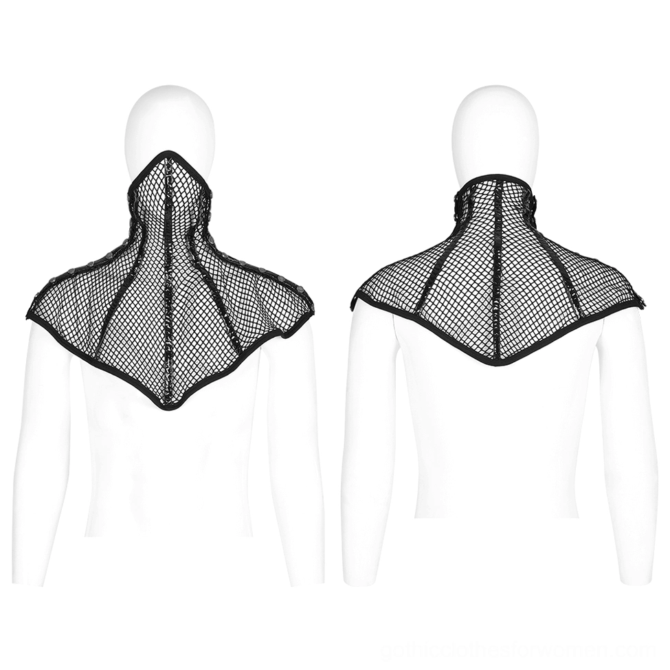 Black mesh gothic choker collar with shoulder pads displayed on mannequin front and back view showing architectural silhouette