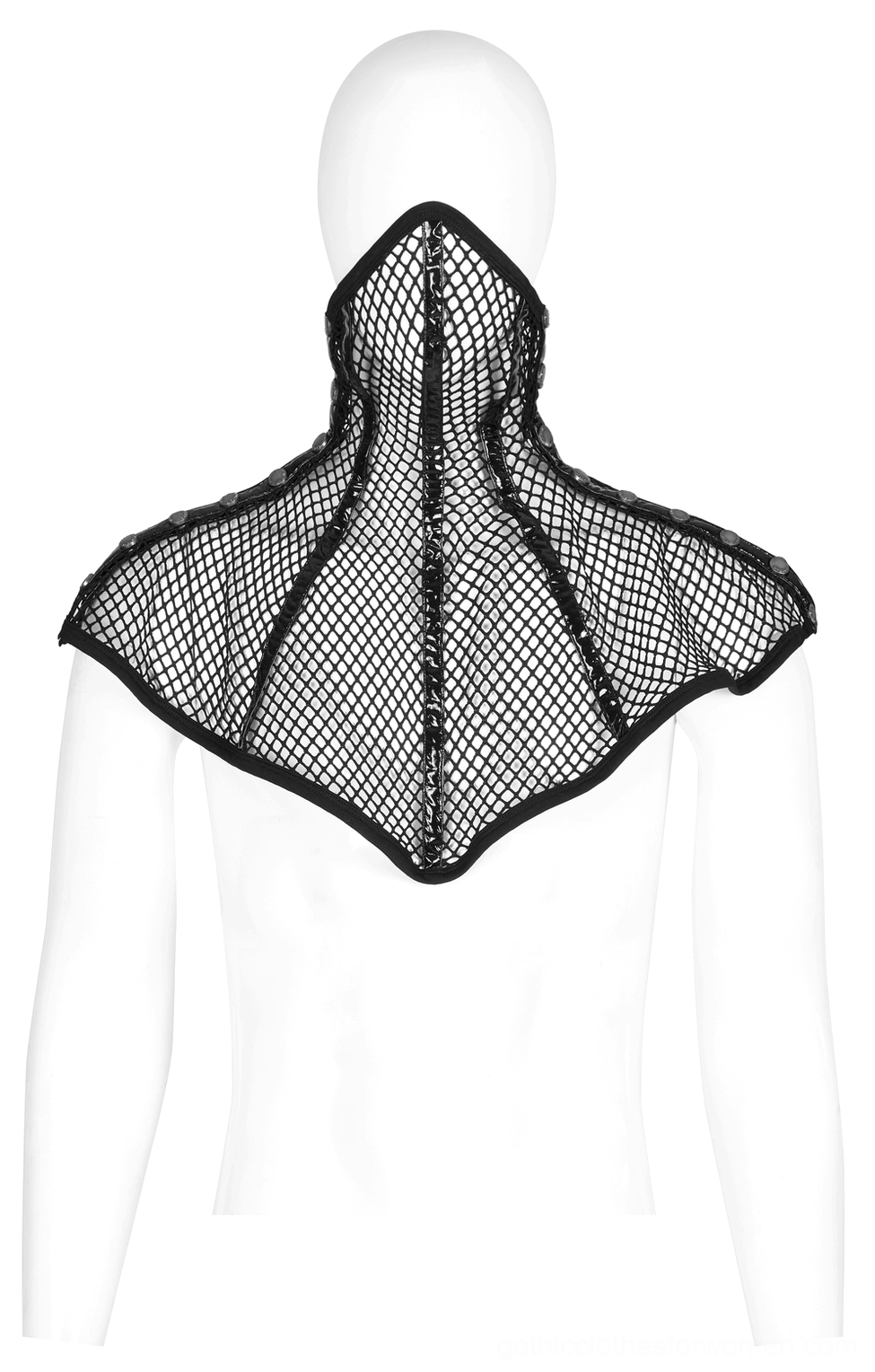 Black mesh gothic choker collar front view on mannequin showing high neck construction curved hem and mesh grid pattern