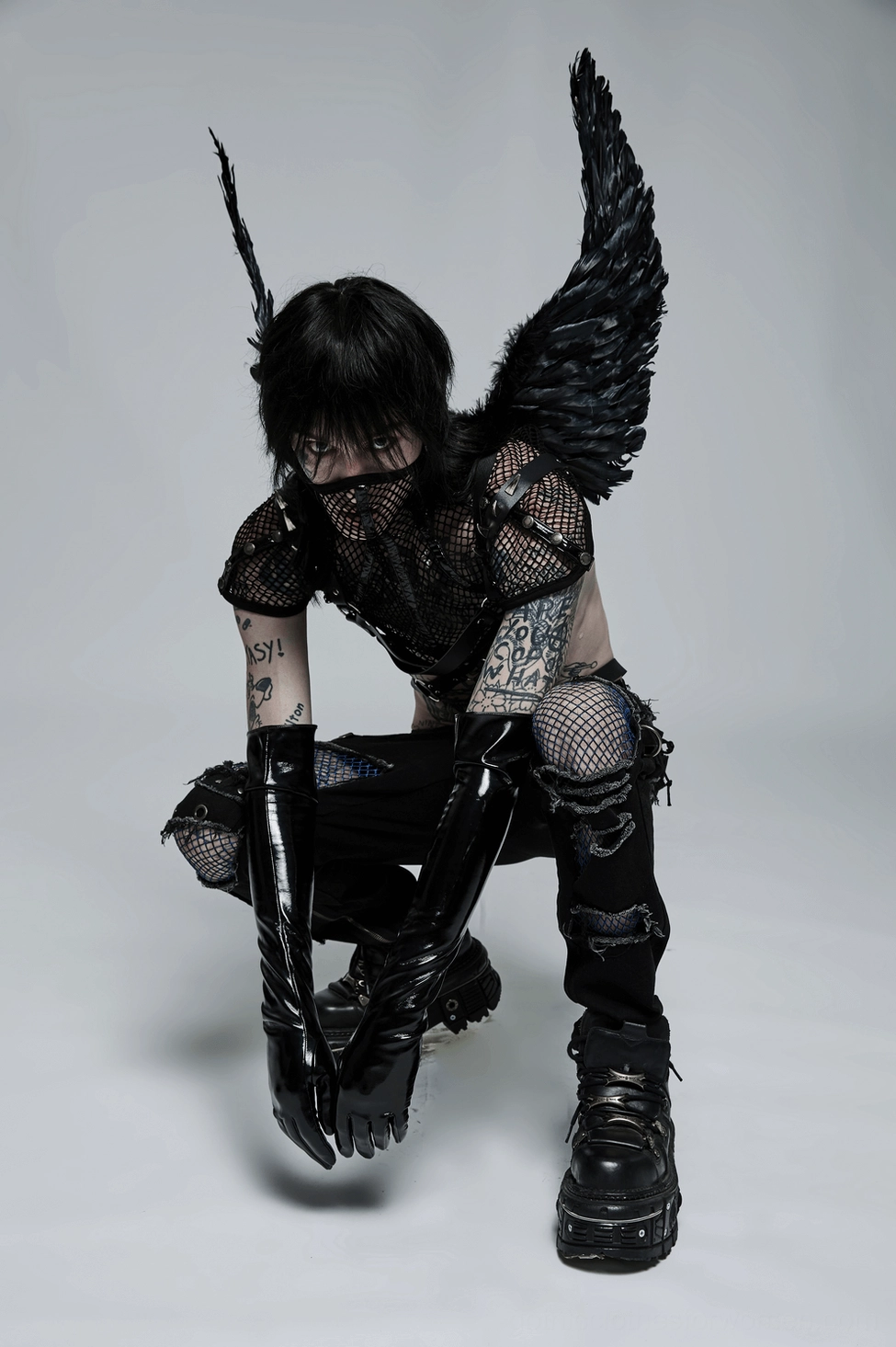 Black mesh gothic choker collar full length view displaying mesh fabric quality and shoulder pad proportions