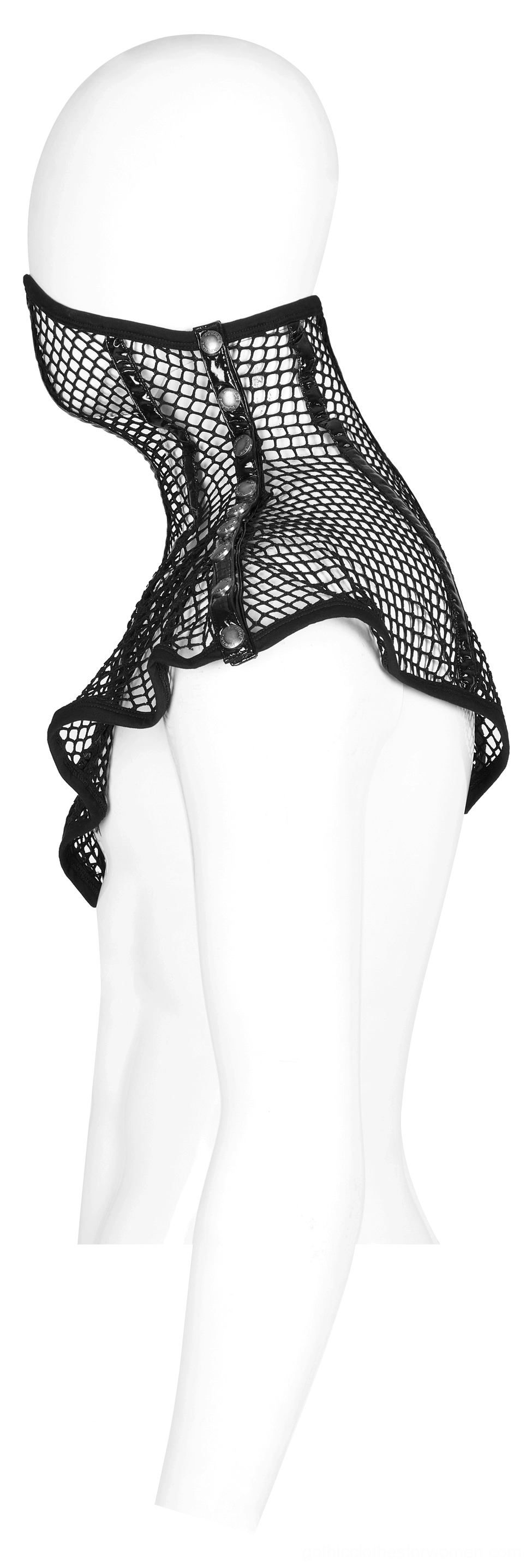 Black mesh gothic choker collar left side view on mannequin displaying asymmetrical hem and high mesh neckline design