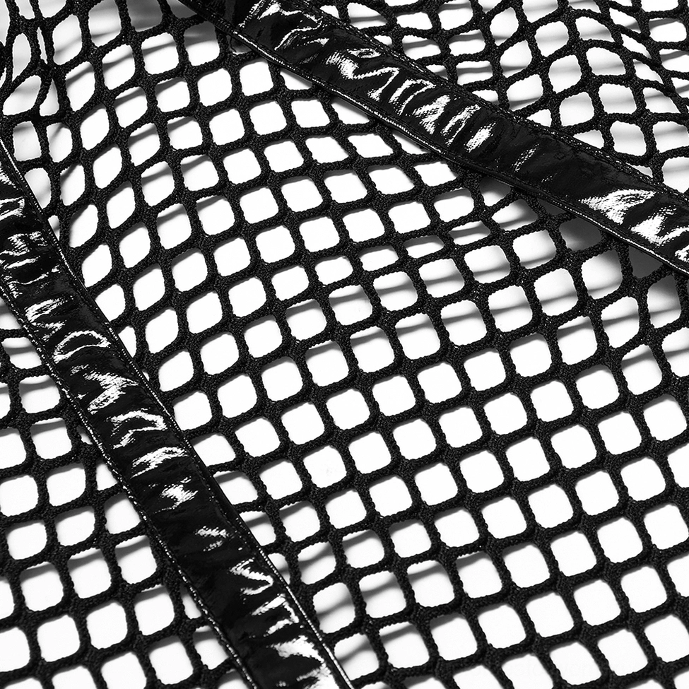 Detailed close-up of black mesh gothic choker fabric showing square grid mesh pattern and glossy patent leather binding