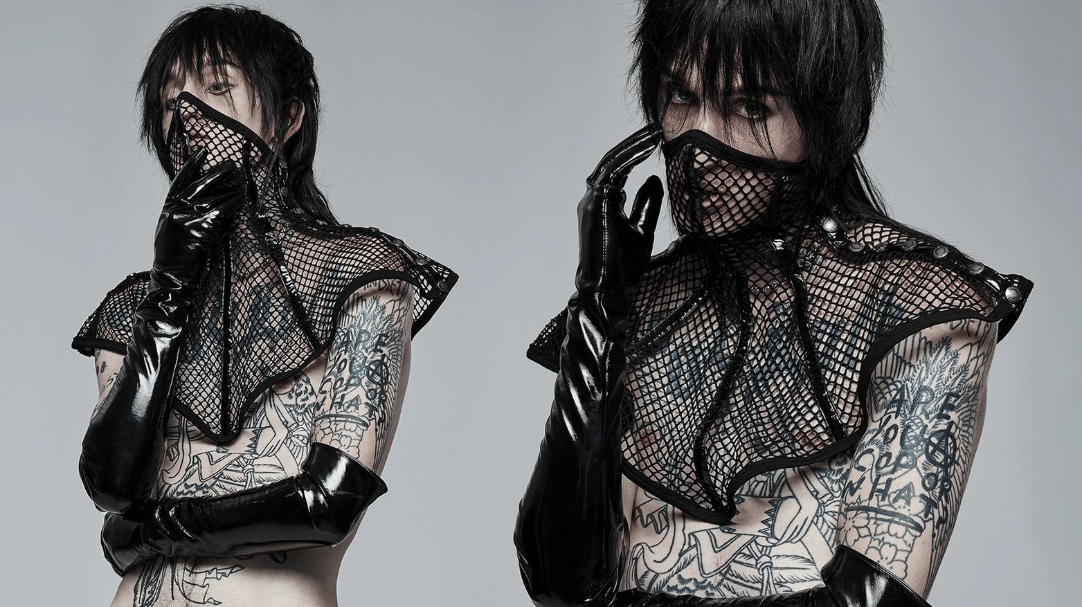 Black mesh gothic choker collar product shot one showing transparent mesh construction and architectural silhouette