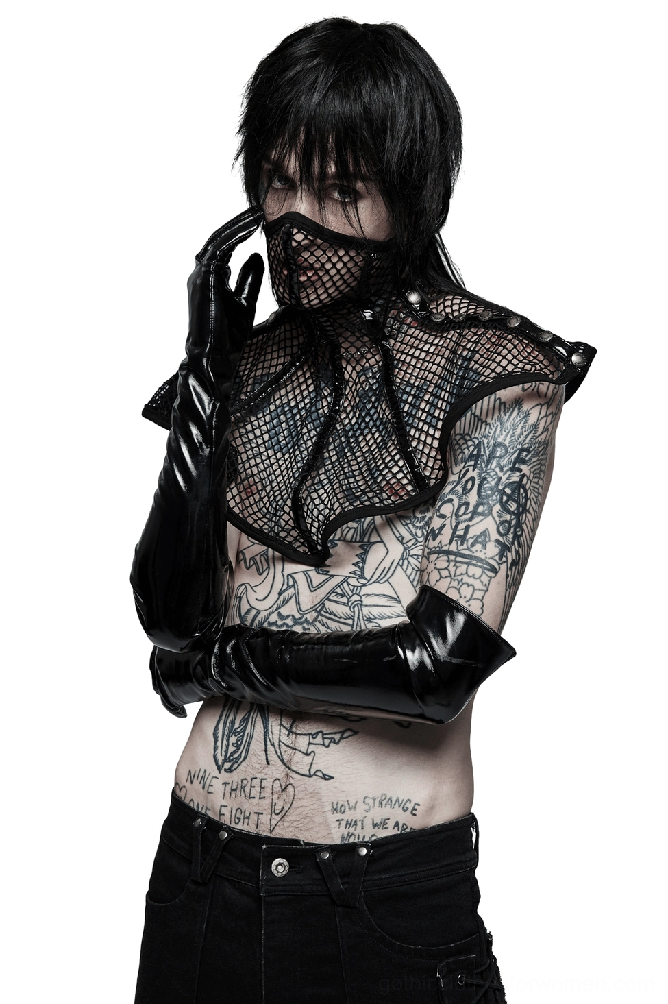 Black mesh gothic choker collar styled with long leather gloves worn by tattooed model in three-quarter side view on monochrome background