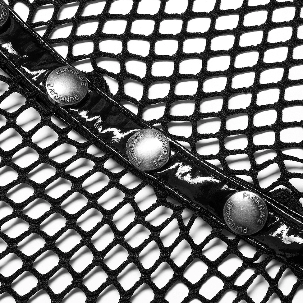 Close-up detail of black mesh gothic choker collar showing metal stud buttons and patent leather trim on mesh base