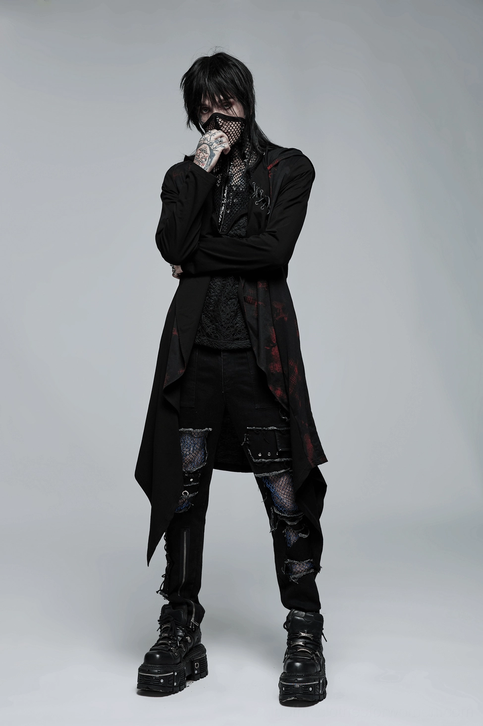 Black mesh gothic choker collar styled presentation on model showing complete silhouette and alternative fashion aesthetic