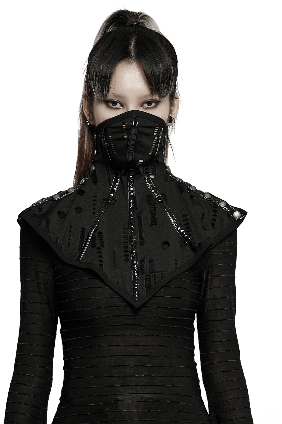 Black mesh gothic face mask collar with cutout details worn by model, front view showcasing intricate hole patterns