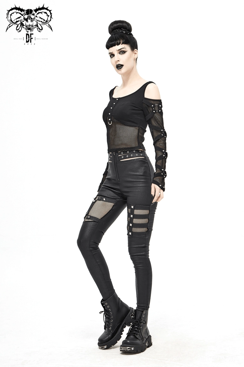 Black mesh gothic crop top with cone studs product angle showcasing hardware and mesh construction