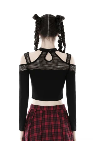 Black mesh off-shoulder gothic crop top back view showing open back mesh panel design and cold-shoulder construction on model