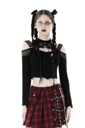 Black mesh off-shoulder gothic crop top with lace-up front detail worn with red tartan mini skirt, front view on model with braided pigtail buns