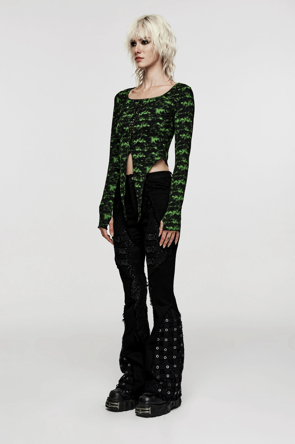 Black gothic mesh insert eyelet denim flare pants complete outfit view