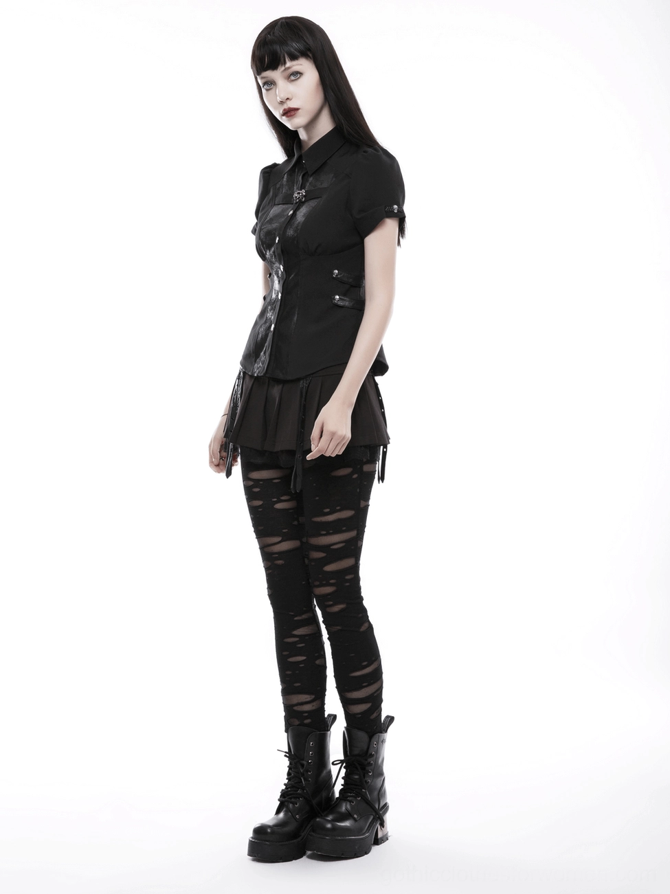 Distressed black mesh gothic leggings paired with alternative dark aesthetic complete outfit