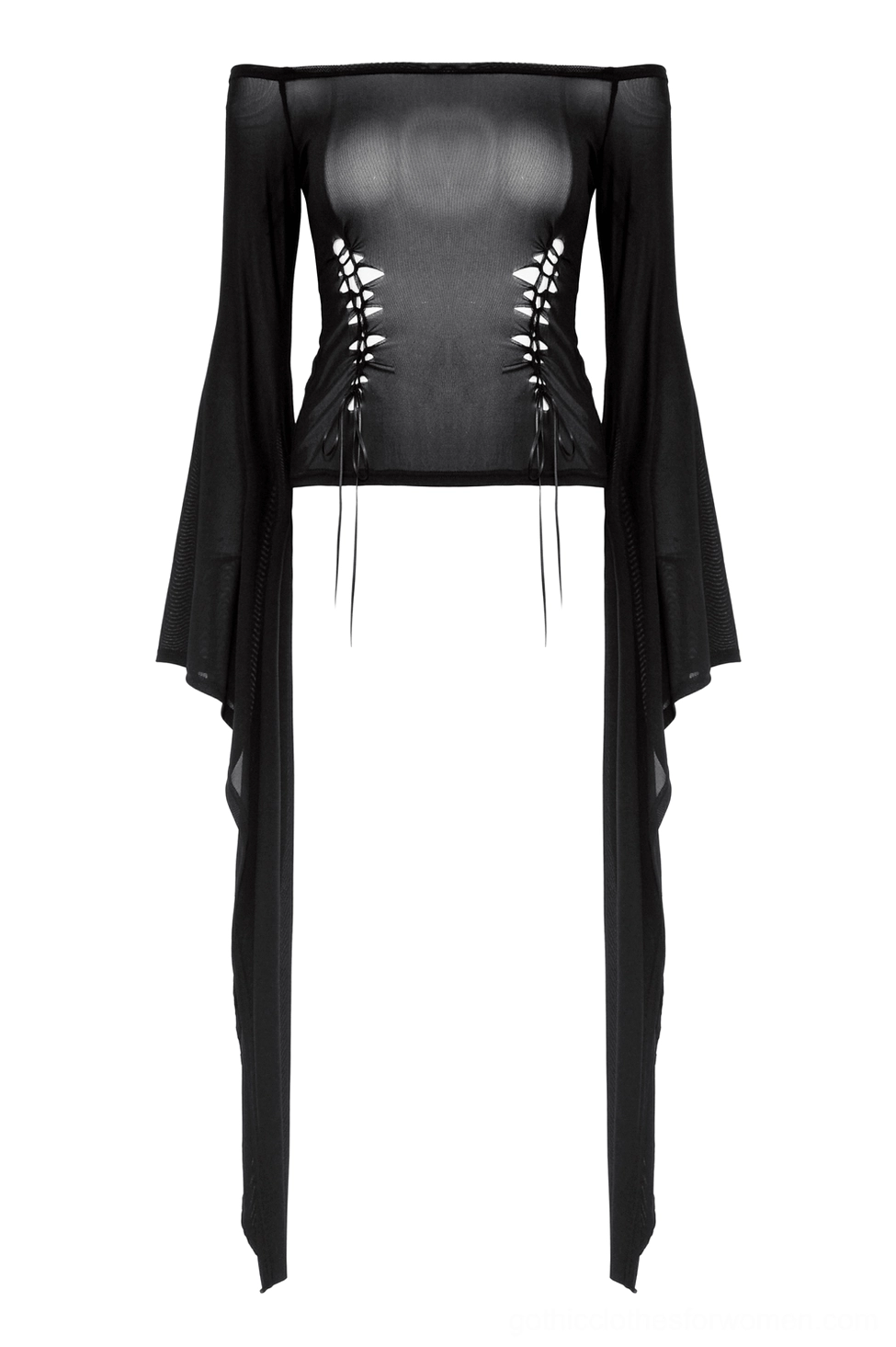 Black sheer mesh off-shoulder gothic top flat lay with hanging tassel lace-up back closure detail