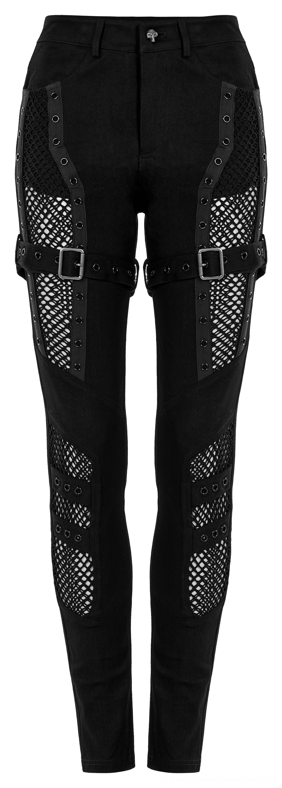 Black mesh gothic pants flat lay showing thigh buckle strap and eyelet embellishments
