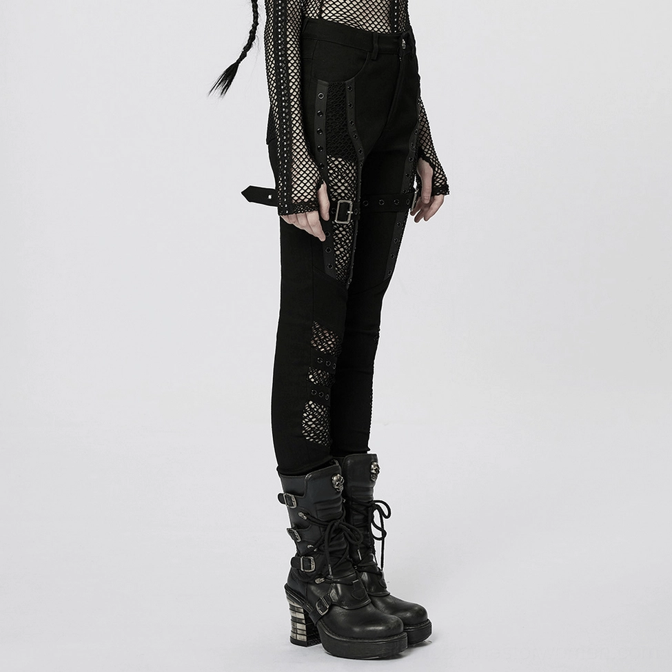 Black mesh gothic pants front detail view with eyelet placement and fabric composition