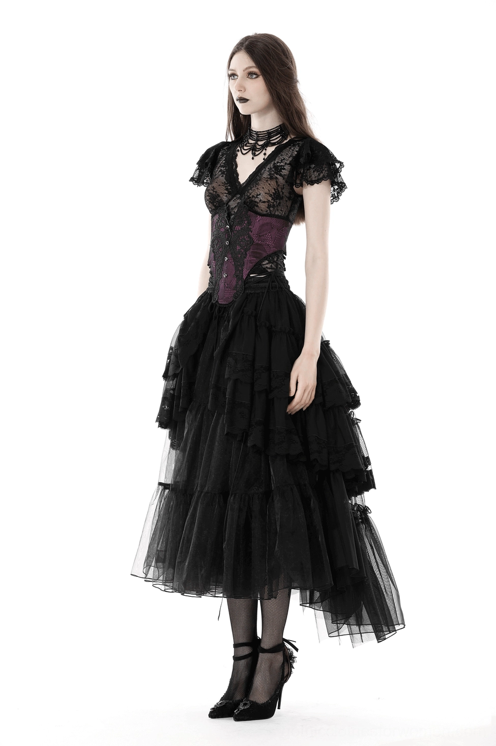 Black mesh gothic skirt featuring high-low design with dramatic ruffles and layered tulle construction