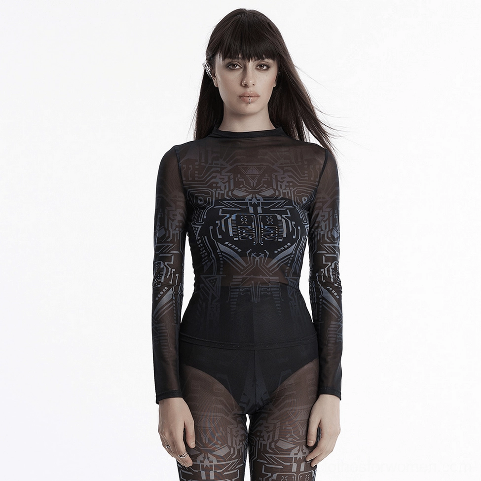 Full body front view of black sheer mesh gothic skull circuit top on model