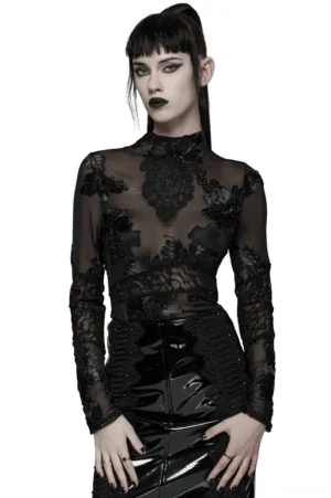 Black sheer mesh gothic top with 3D floral lace overlay, front view on goth model wearing mock neck style