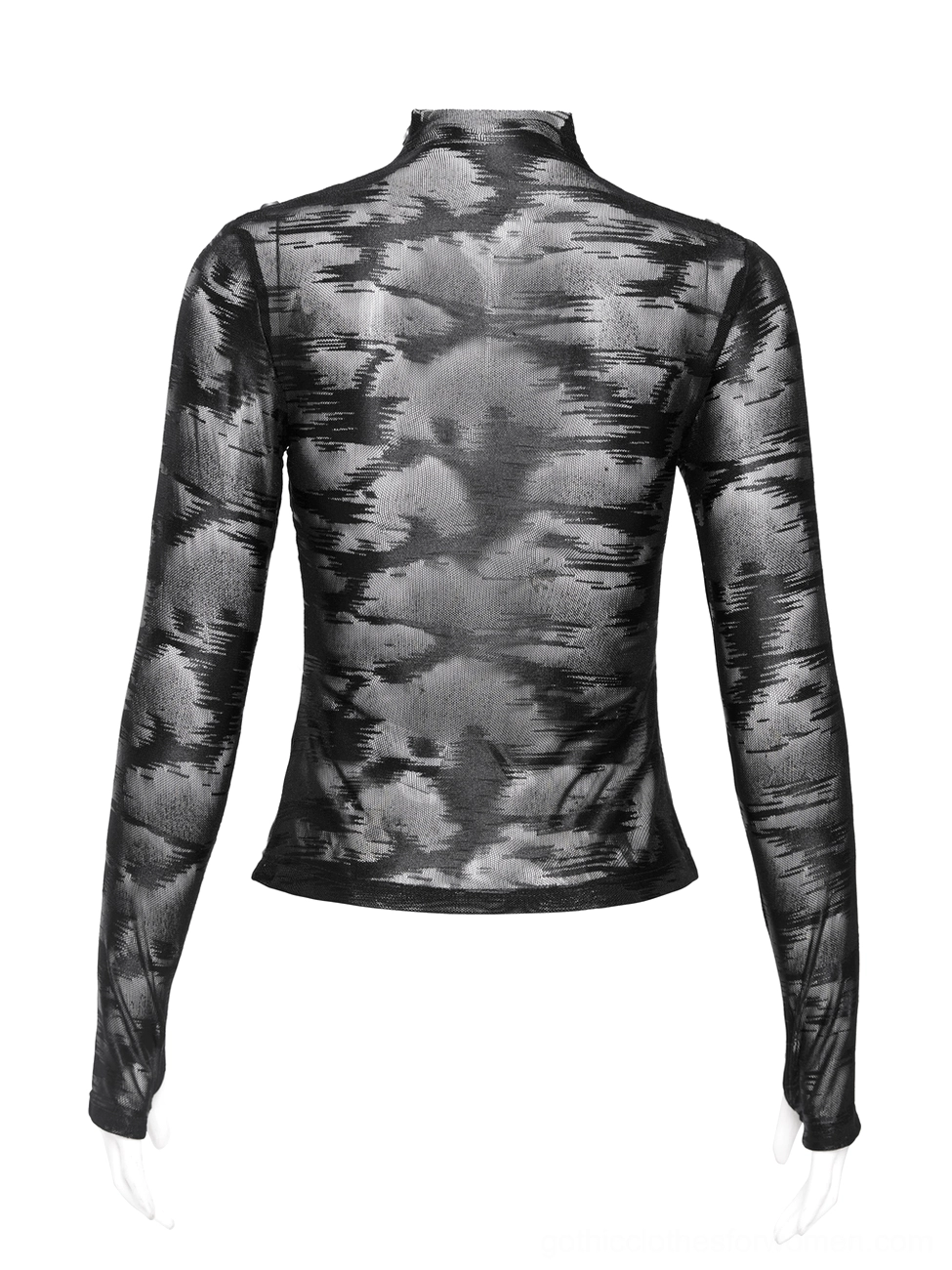 Back view of black sheer mesh long sleeve gothic top on mannequin
