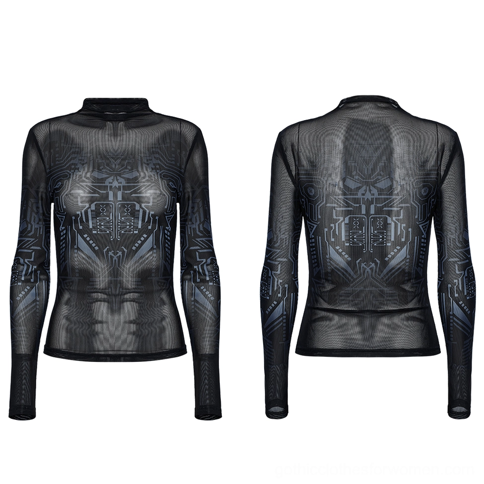 Black mesh long-sleeve gothic cyberpunk top front flat lay showing mock turtleneck and slim fit silhouette
