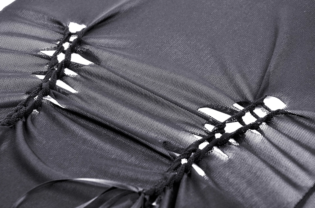 Black mesh gothic top lace-up back closure detail with braided lace trim and silver eyelets