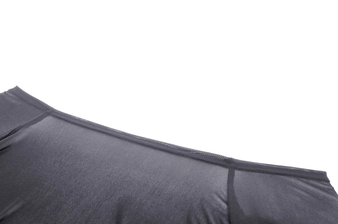 Close-up detail of neat stitching on black sheer mesh fabric of gothic trumpet sleeve top