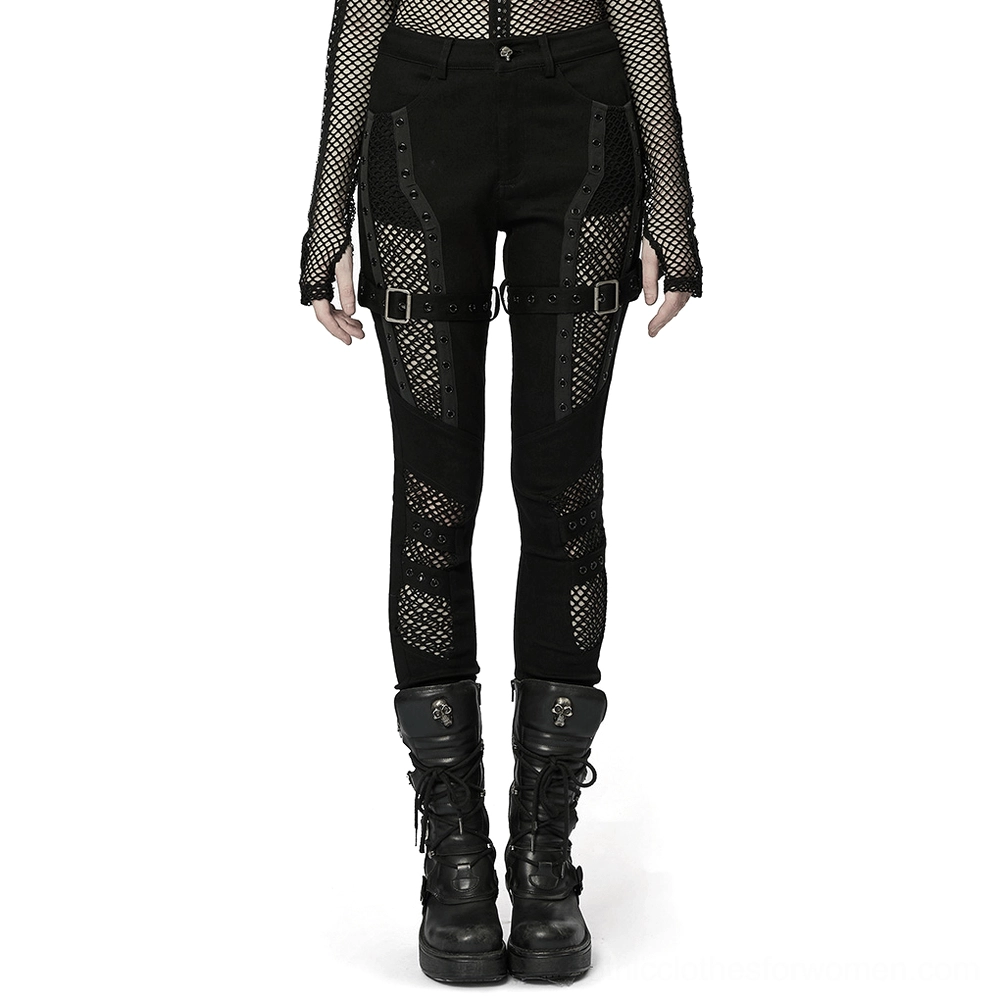 Black mesh gothic trousers front view with eyelet details and thigh buckle straps