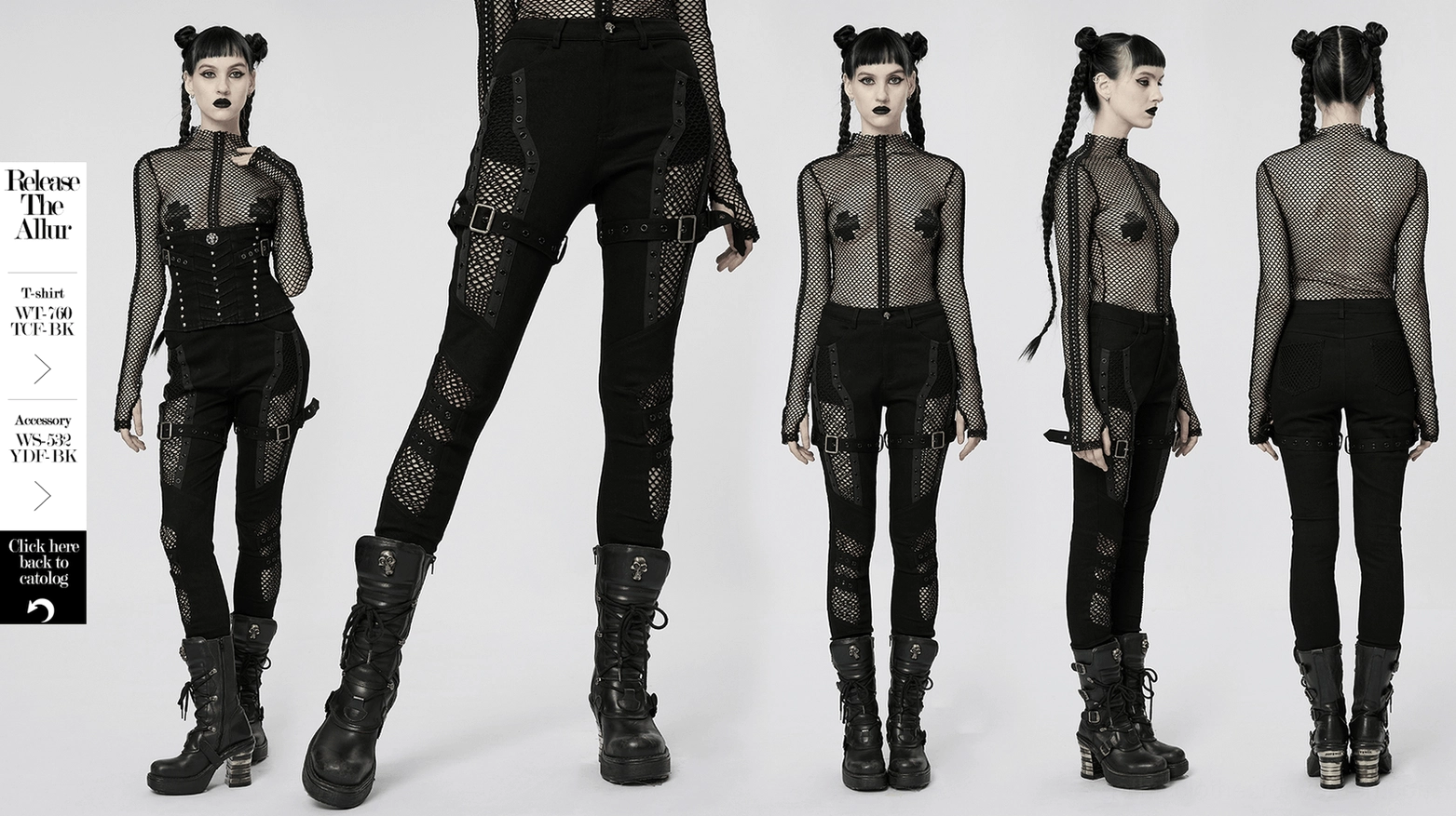 Black mesh gothic trousers complete view highlighting industrial alternative fashion design