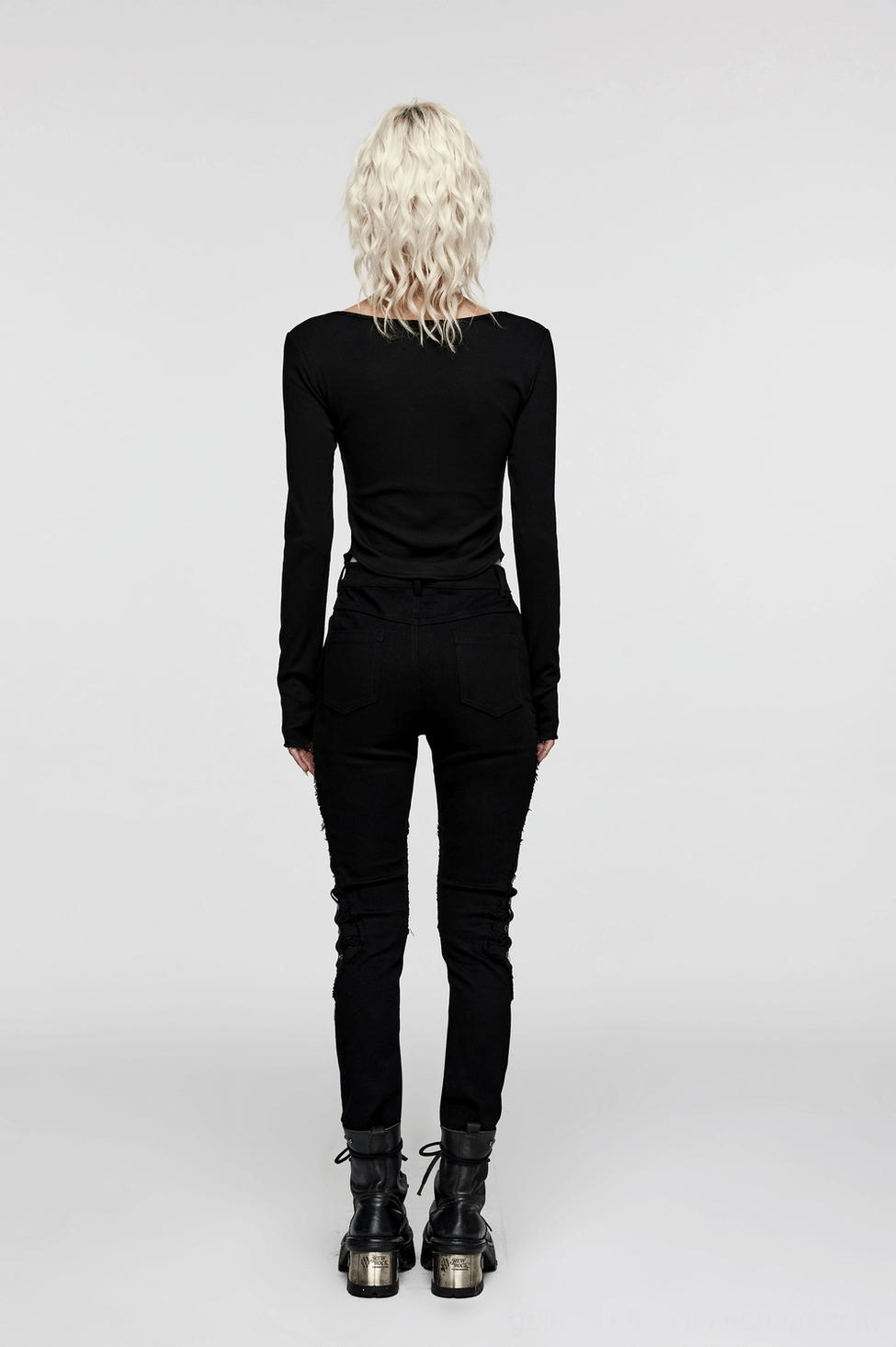 Black mesh grommet gothic skinny pants back full view - tailored silhouette